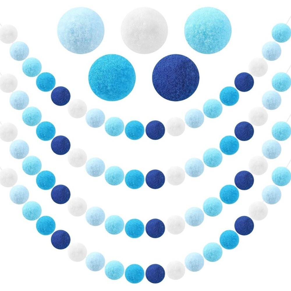 4 Pack 26.3 FT Hanukkah Pom Pom Garland, 30 Balls Blue White Winter Chanukkah Ga